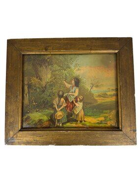 Antique Wooden Frame Pastoral Print Gathering Wildflowers + Wedding Photo